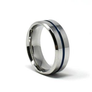 Titanium Silver Blue 8mm Wide Wedding Band
